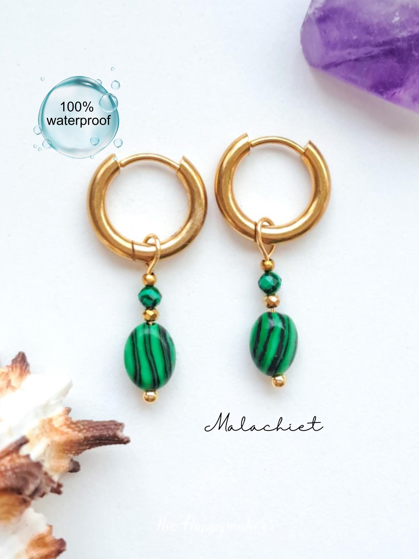 Edelsteen oorbellen, stainless steel, malachiet, 100% waterproof, little hoops, bedeloorbellen, handgemaakt