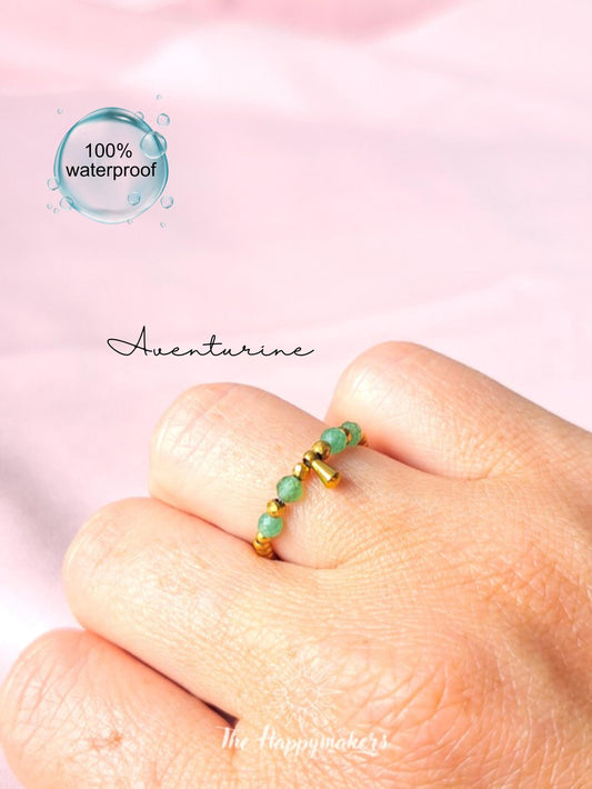 Edelsteen kralen ring, aventurijn, 2mm stainless steel kralen, elastische ring, 100% waterproof, stapelbare ringen, onesize, boho, goud