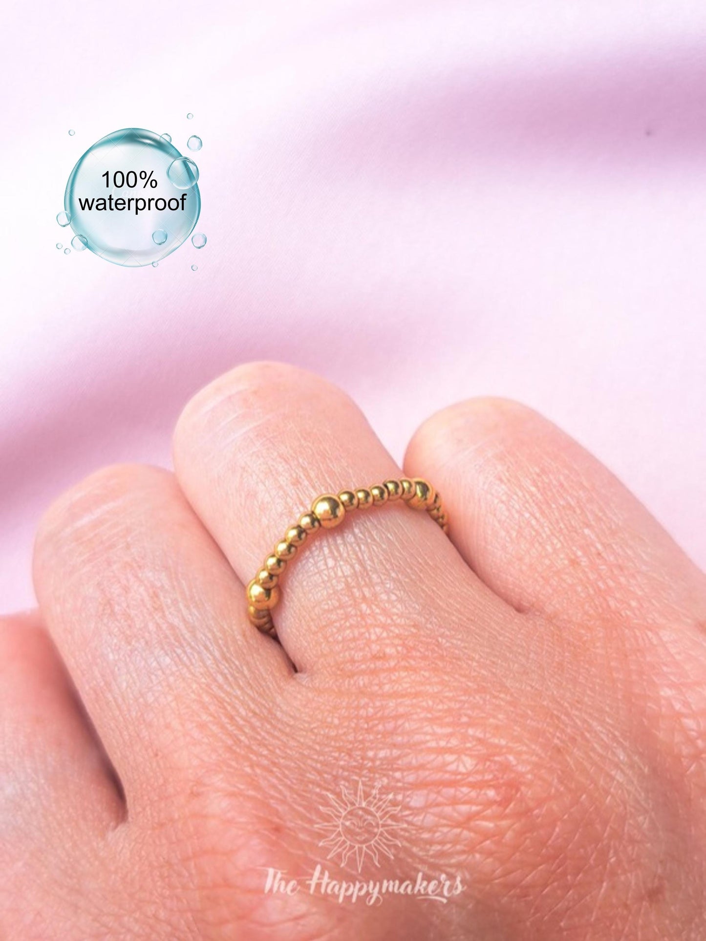 Kralen ring, 2mm stainless steel kralen, elastische ring, 100% waterproof, stapelbare ringen, onesize, boho, goud, rekbare ringen