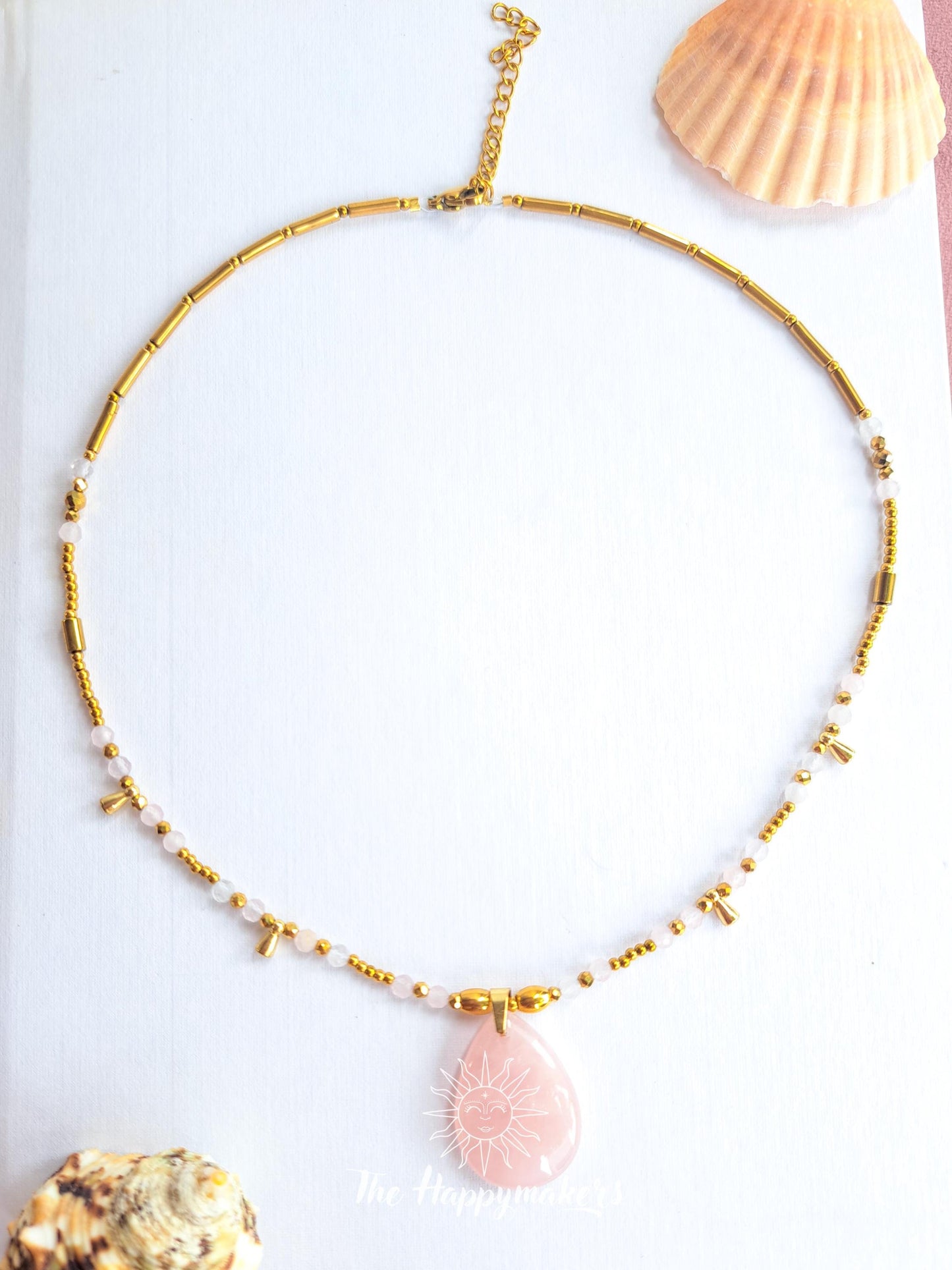 Kralen ketting boho met edelsteen, rozenkwarts, stainless steel, waterproof, handgemaakt, steen van de liefde, liefdescadeau, valentijn