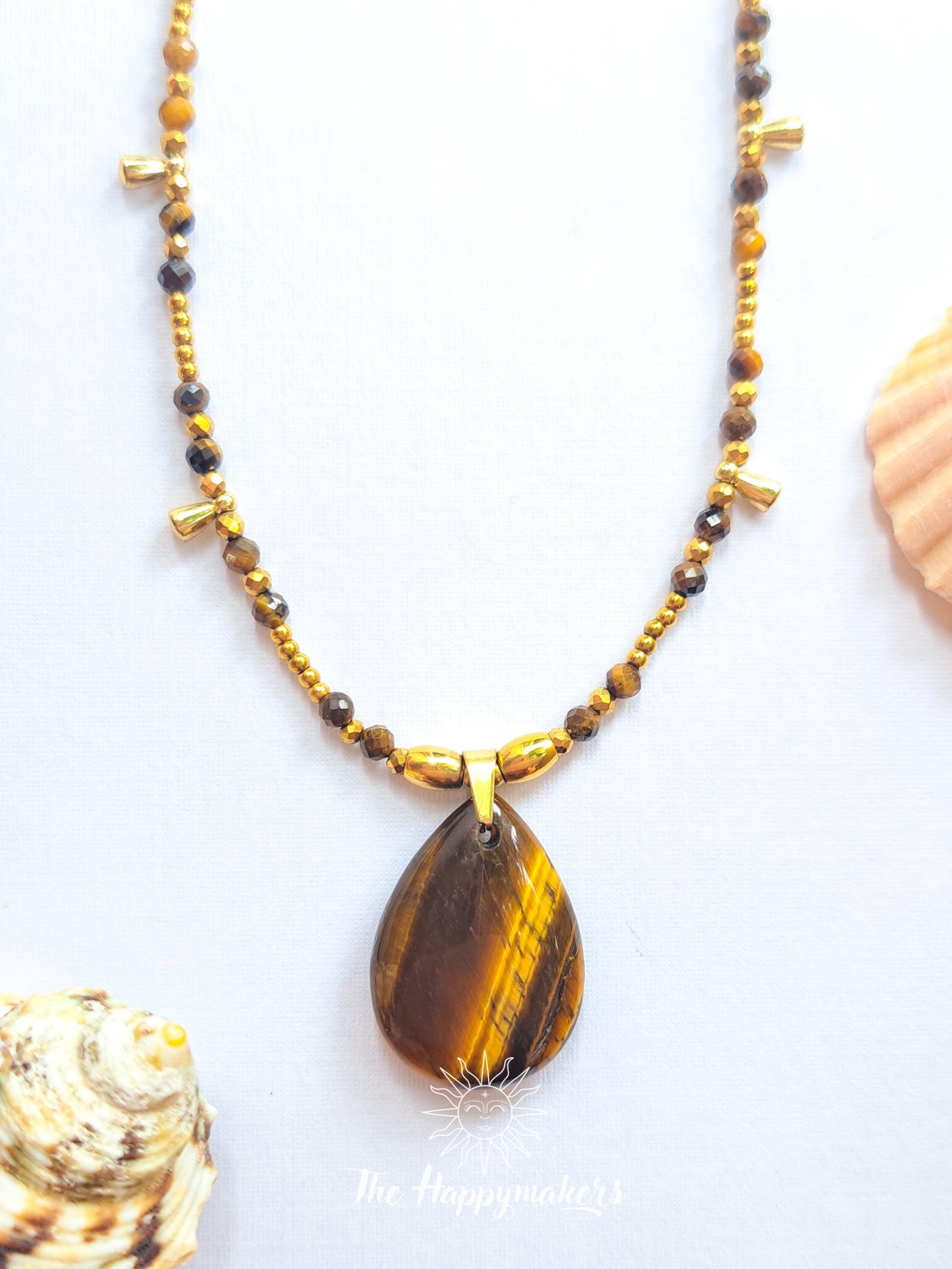Kralen ketting boho met edelsteen, tijgeroog, stainless steel, waterproof, handgemaakt, zelfvertrouwen, geschenk met betekenis