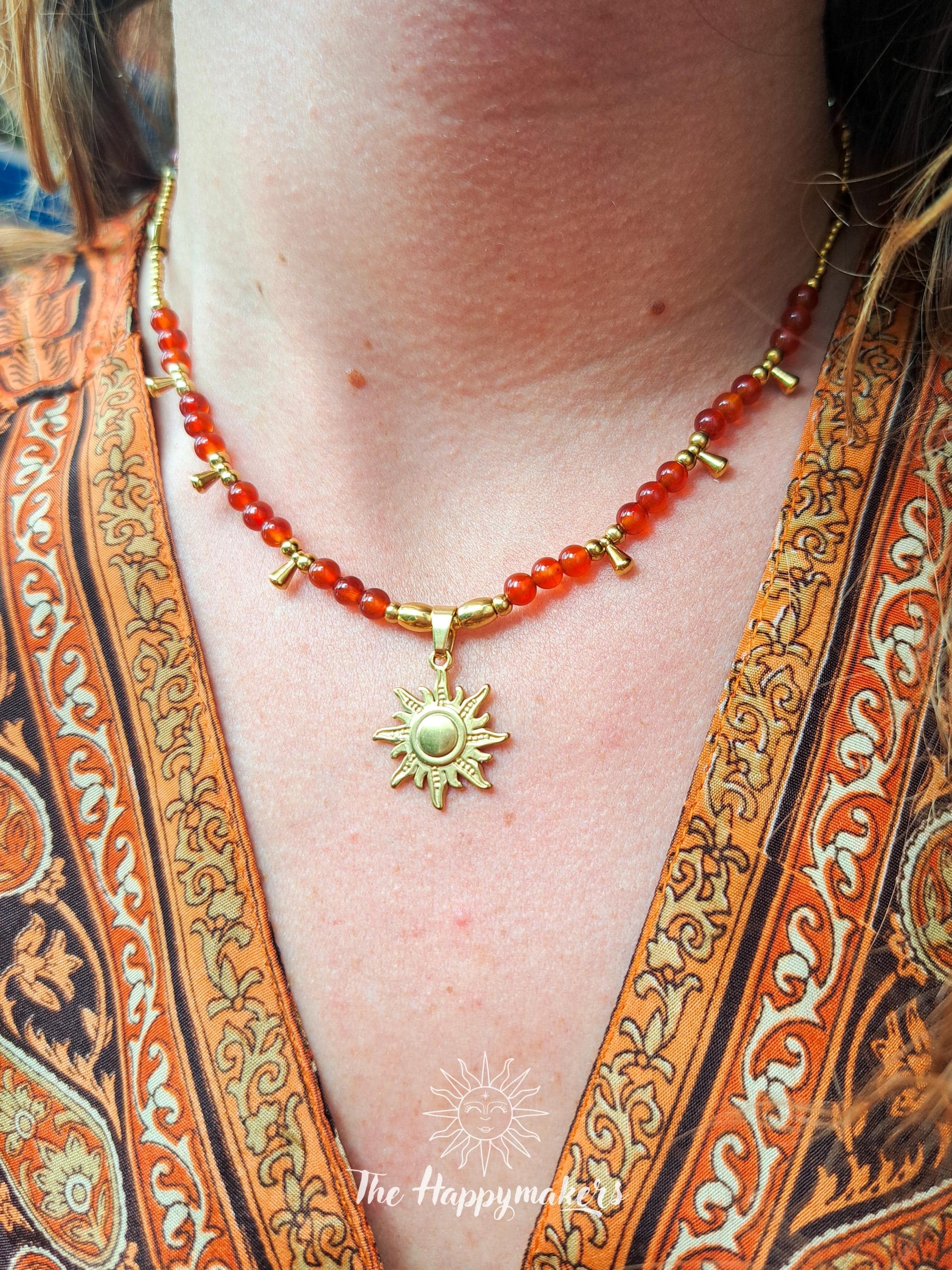 Kralen ketting boho met edelsteen, carneool, stainless steel, waterproof, handgemaakt, zelfvertrouwen, geschenk met betekenis