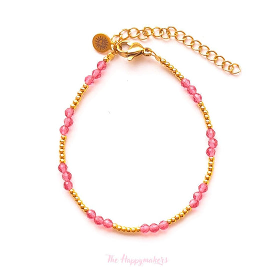 Kralen armband boho stainless steel, handgemaakt, 100% waterproof, goudkleurig, basics, zirkoon steen, pink