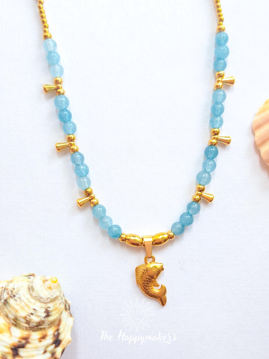 Kralen ketting edelsteen, aquamarijn, waterproof, boho, beach, stainless steel, handgemaakt, vis bedel