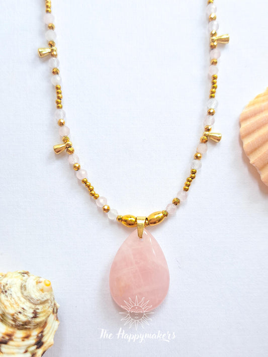 Kralen ketting boho met edelsteen, rozenkwarts, stainless steel, waterproof, handgemaakt, steen van de liefde, liefdescadeau, valentijn
