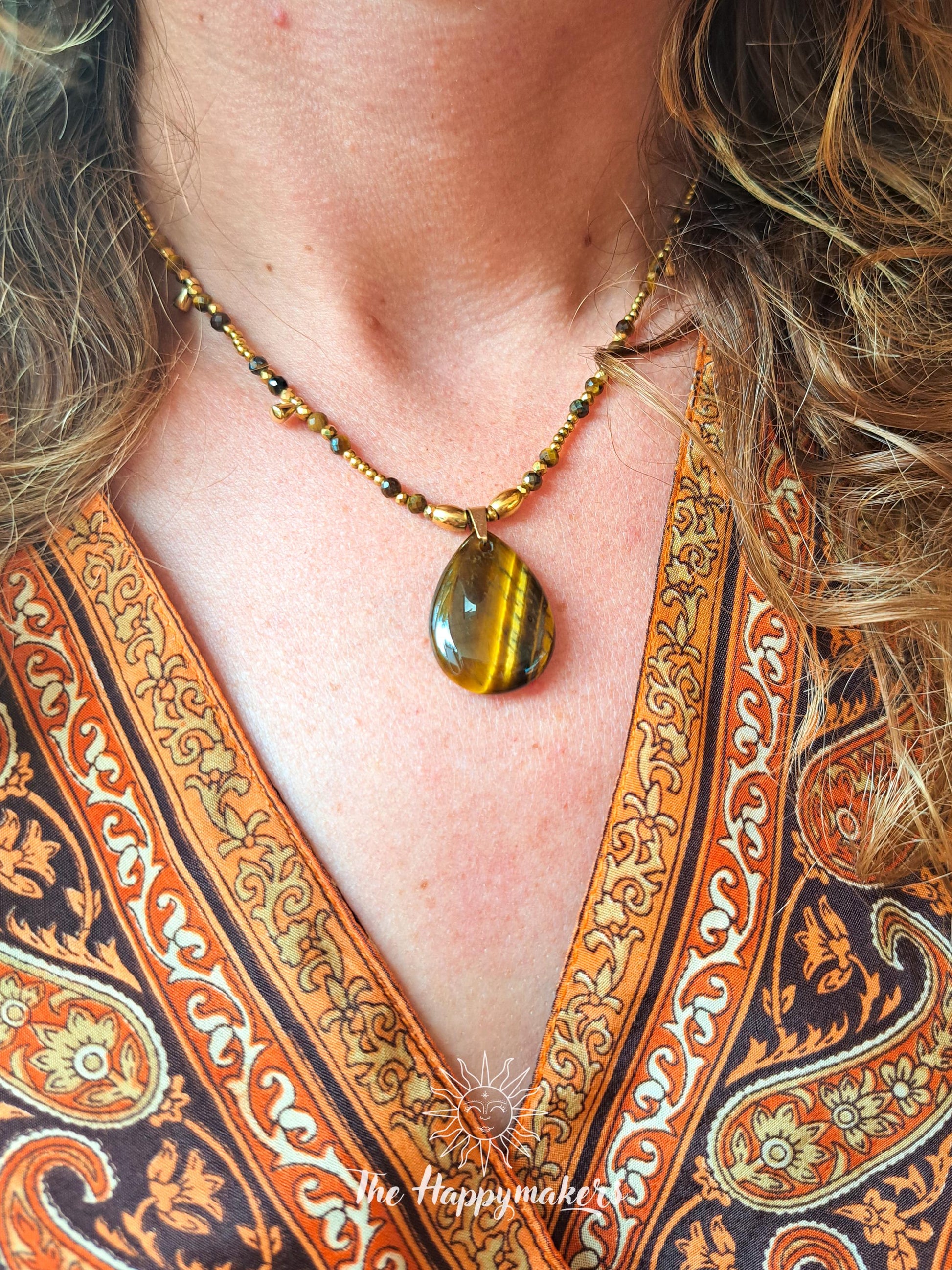 Kralen ketting boho met edelsteen, tijgeroog, stainless steel, waterproof, handgemaakt, zelfvertrouwen, geschenk met betekenis