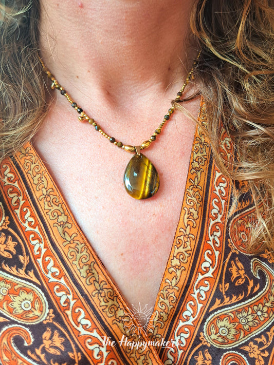 Kralen ketting boho met edelsteen, tijgeroog, stainless steel, waterproof, handgemaakt, zelfvertrouwen, geschenk met betekenis