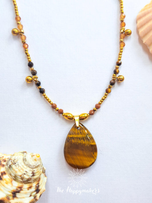 Kralen ketting boho met edelsteen, tijgeroog, stainless steel, waterproof, handgemaakt, zelfvertrouwen, geschenk met betekenis