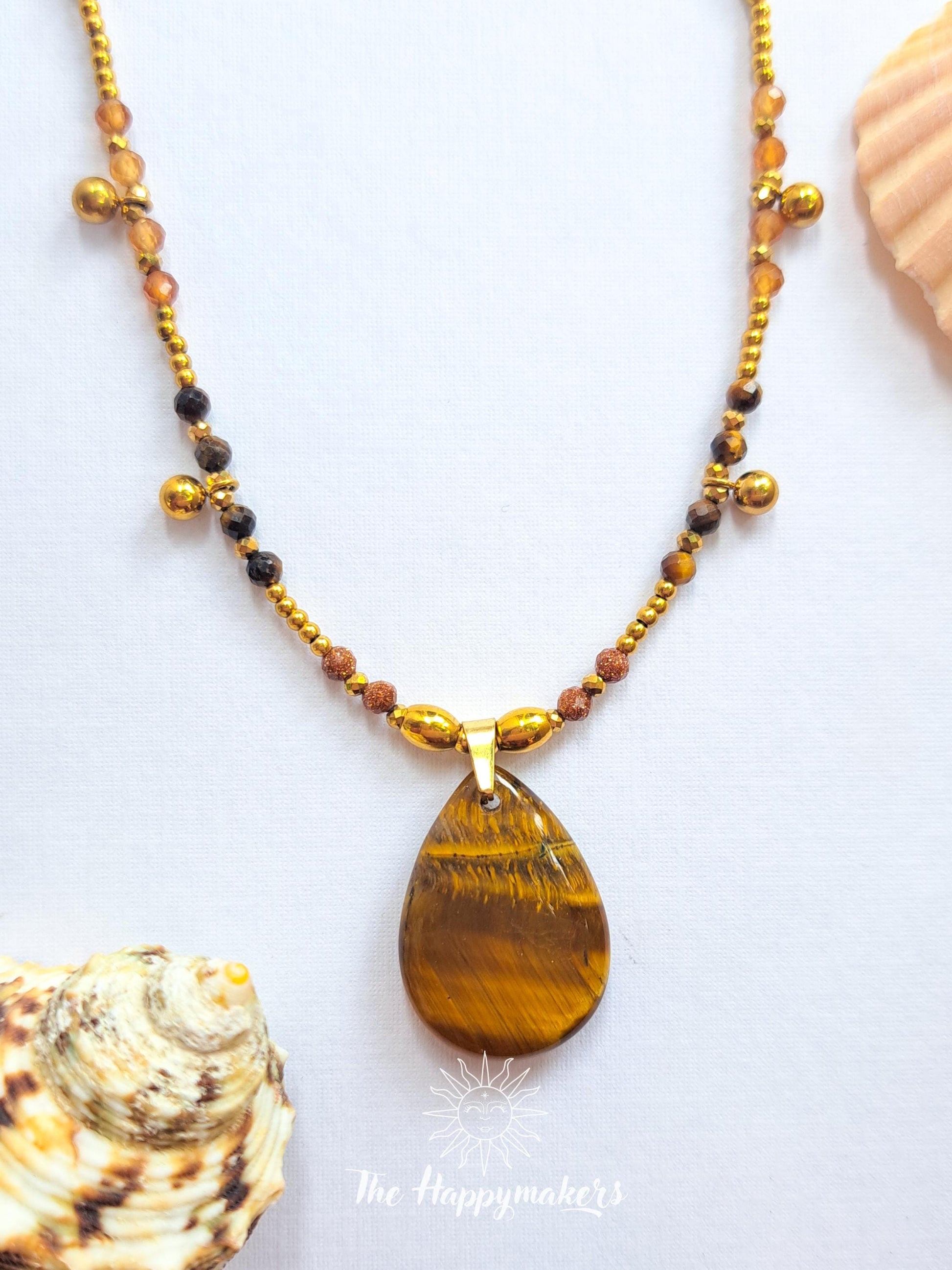 Kralen ketting boho met edelsteen, tijgeroog, stainless steel, waterproof, handgemaakt, zelfvertrouwen, geschenk met betekenis