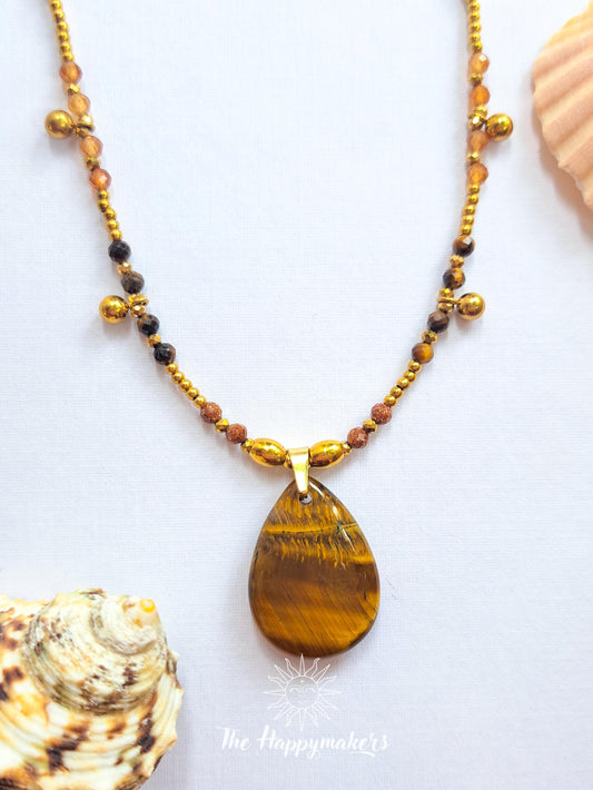 Kralen ketting boho met edelsteen, tijgeroog, stainless steel, waterproof, handgemaakt, zelfvertrouwen, geschenk met betekenis