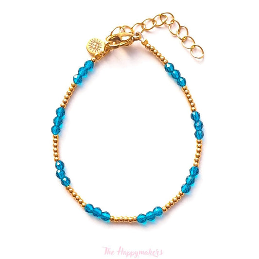 Kralen armband boho stainless steel, handgemaakt, 100% waterproof, goudkleurig, basics, zirkoon steen, blauw