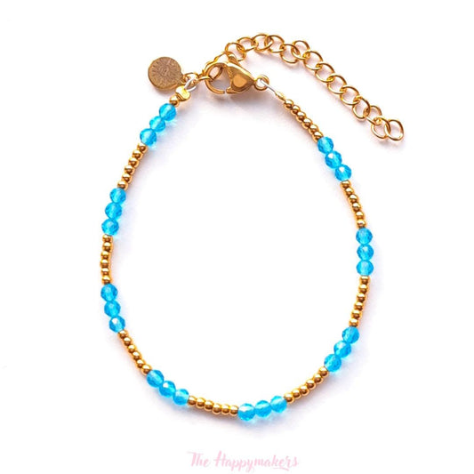 Kralen armband boho stainless steel, handgemaakt, 100% waterproof, goudkleurig, basics, zirkoon steen, lichtblauw