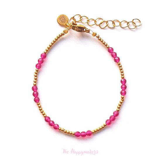 Kralen armband boho stainless steel, handgemaakt, 100% waterproof, goudkleurig, basics, zirkoon steen, fuchsia